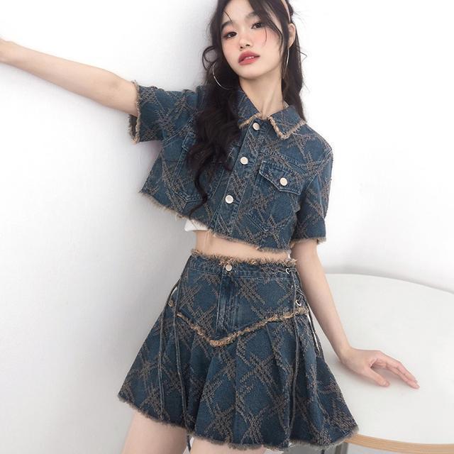 美式气质辣妹牛仔套装女夏短衬衫高腰半身裙小个子百褶短裙两件套