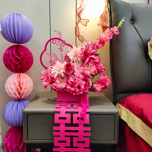 结婚新房仿真花摆件DIY玫红色婚房布置装饰套装男女方主卧室酒店