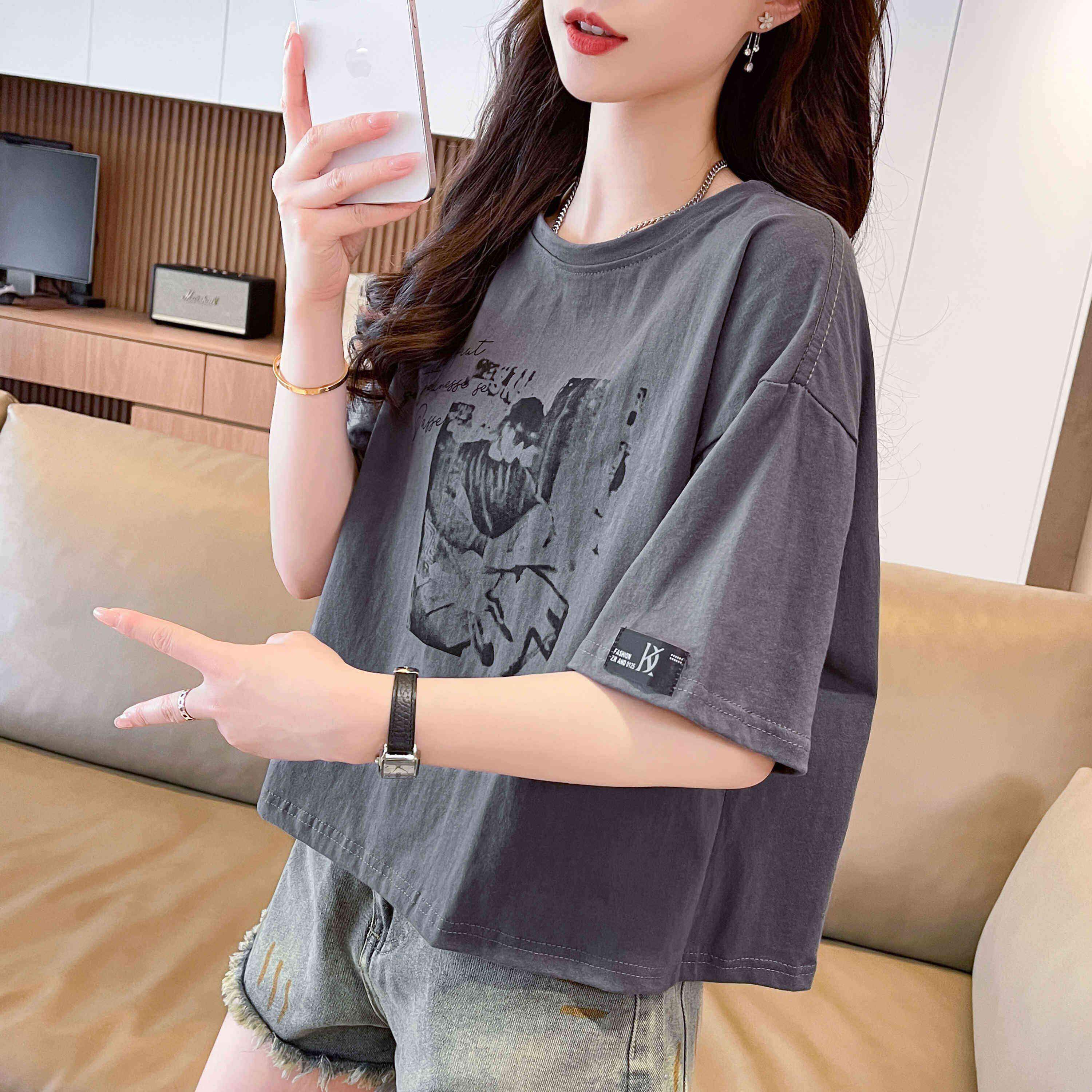 纯棉小个子短袖T恤女士2026夏季新款宽松大码超好看洋气短款上衣