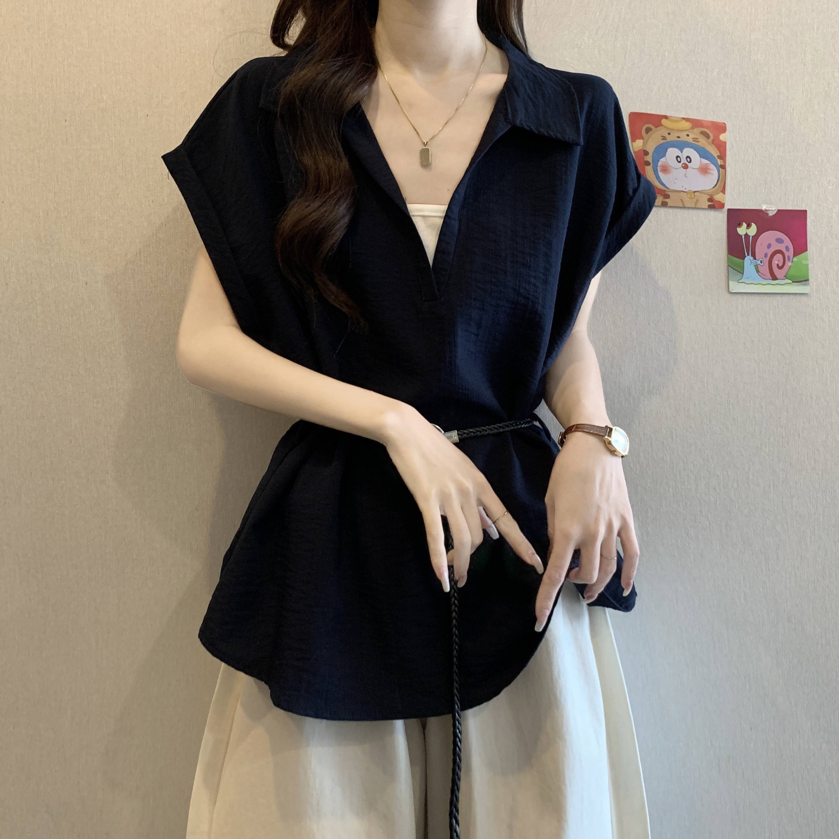 大码女装假两件设计感V领正肩衬衫夏季胖MM收腰显瘦系带短袖上衣