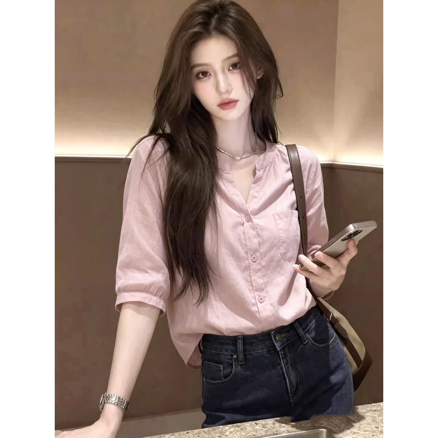韩系穿搭超火减龄粉色棉麻中袖薄款衬衫女夏季高级感宽松衬衣上衣