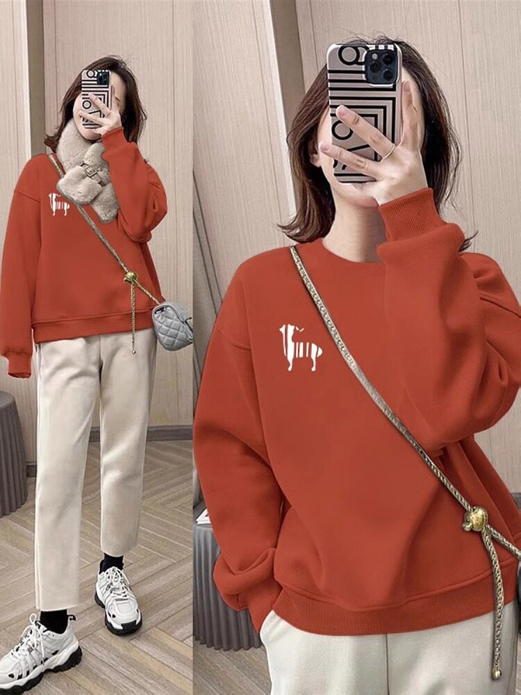 2025年新款秋冬季加绒加厚圆领卫衣女宽松休闲纯棉上衣减龄显瘦潮