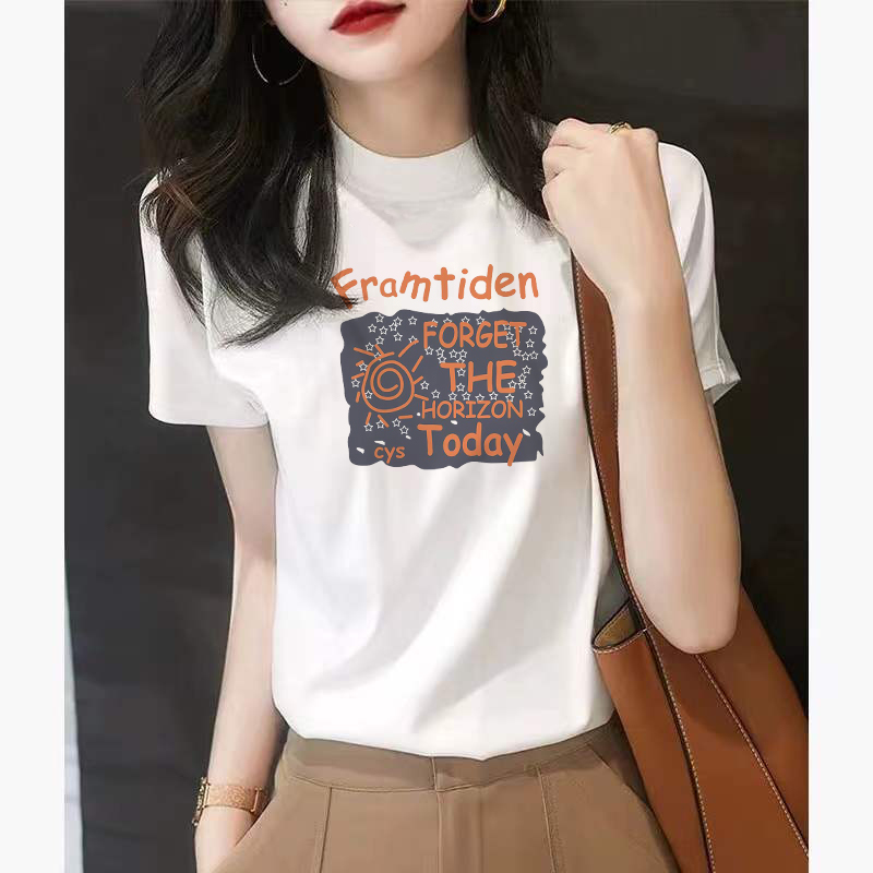 半高领打底修身短袖女正肩t恤2025新款纯棉休闲显瘦百搭中领上衣