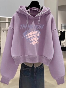 设计感小众秋冬新款2025加绒加厚套头连帽卫衣女短款宽松韩版外套