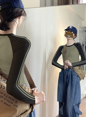 军绿色长袖t恤女春秋修身2025年纯棉打底衫拼接三条杆内搭上衣