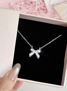 甜妹狙击! 蕾丝蝴蝶结爱心粉色锆石项链小众气质百搭锁骨链配饰