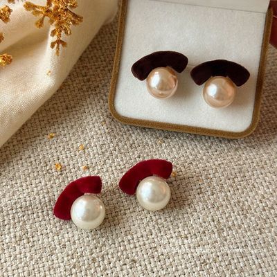 植绒蝴蝶结仿珍珠耳环小众设计耳钉高级感耳坠耳夹秋冬新款耳饰女