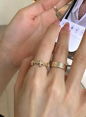 咖金色复古做旧十字架戒指叠戴女小众设计开口可调指环