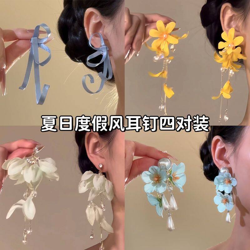 「温丝叙婉」蓝色蝴蝶结丝带耳环女独特漂亮耳钉海边度假风耳饰