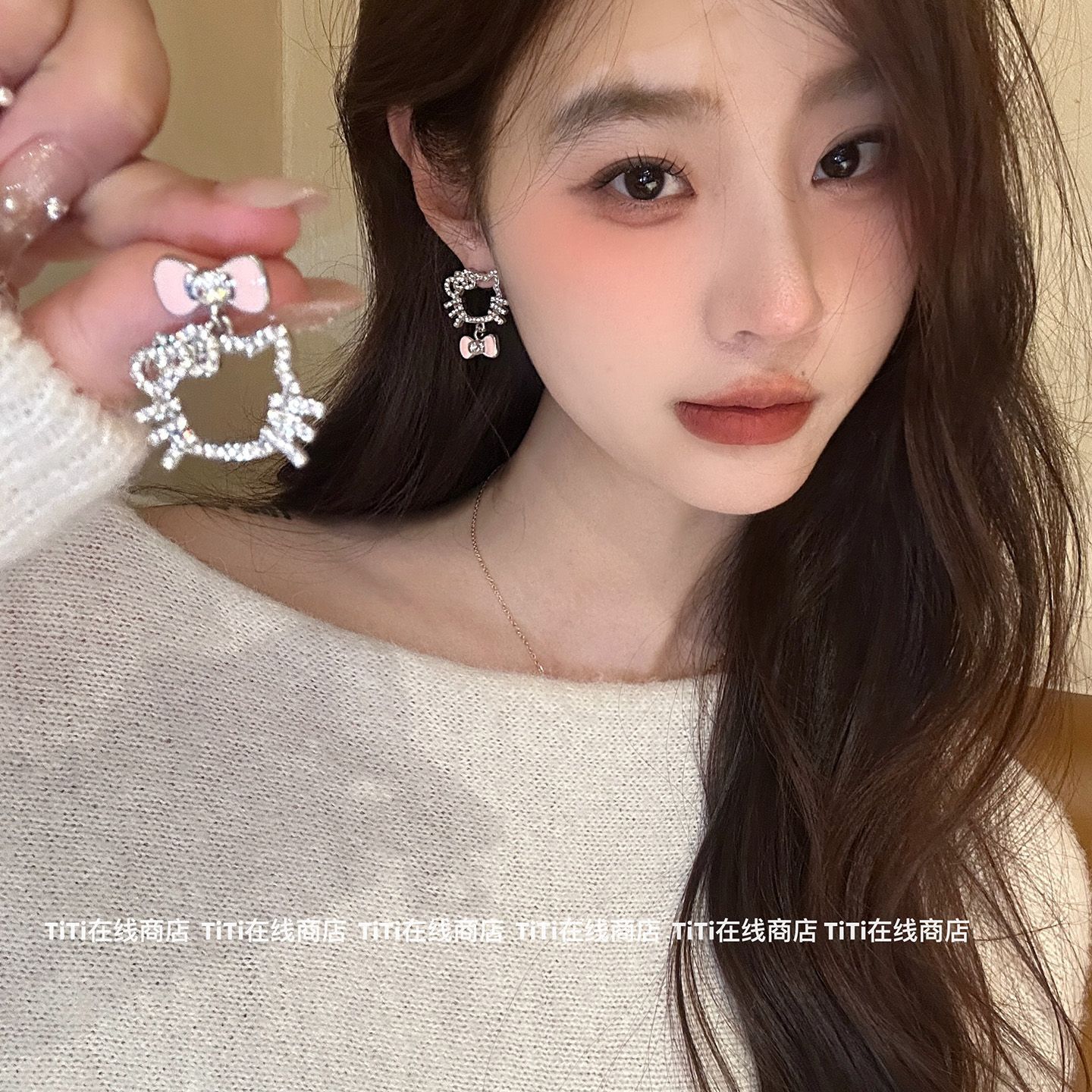 超闪蝴蝶结满钻Kt猫耳环女甜美可爱耳环2025新款小众设计感耳饰