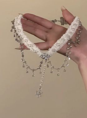 圣诞款闪钻雪花珍珠毛绒项链女冬日甜美气质choker锁骨颈链配饰