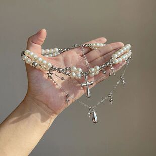 甜酷风多层十字架珍珠项链女轻奢小众设计感choker颈链个性 锁骨链