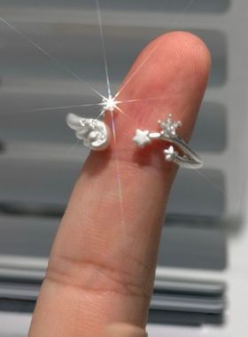 银色羽翼星星戒指女ins小众设计感开口可调节食指戒轻奢百搭指环