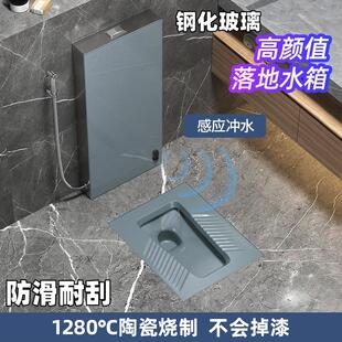 防臭便池蹲坑家用落地感应式 MEIYE灰色陶瓷蹲便器冲水箱整套 水箱