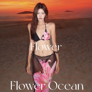 高级挂脖分体bikini三件套海边度假氛围感长裙泳衣 罗莱夏朵