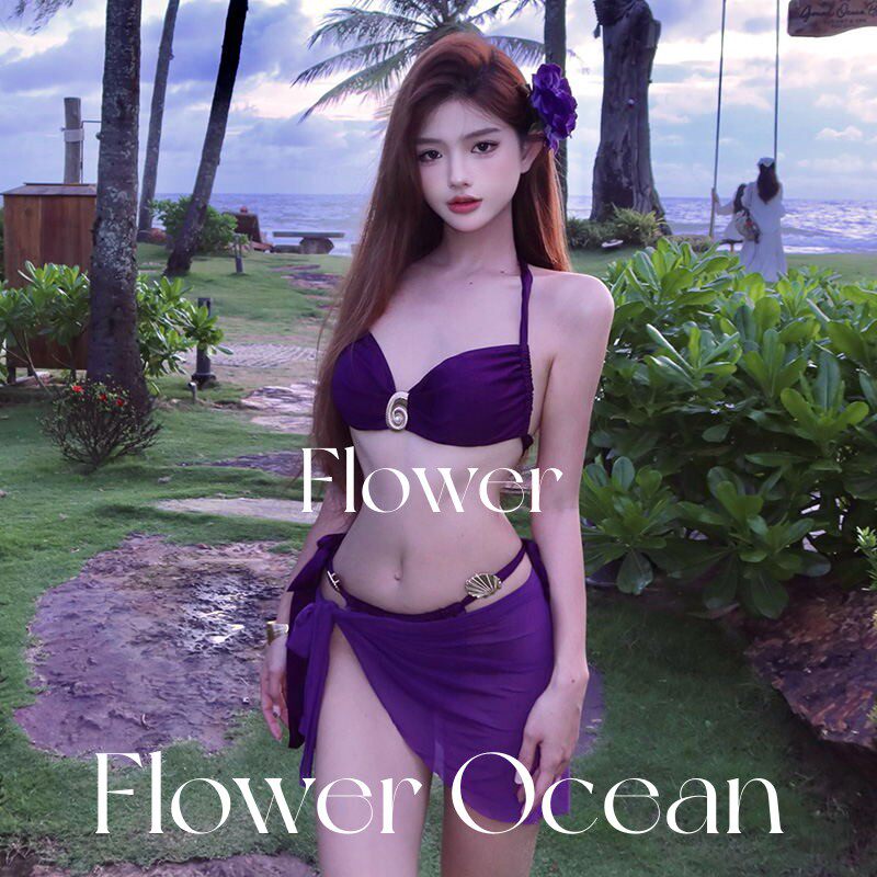 【致命】紫色高级分体性感bikini三件套挂脖温泉海边度假泳衣