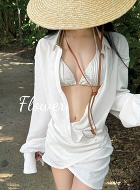 【约定】春夏新款BIKINI白色防晒衬衫三件套分体温泉度假泳衣