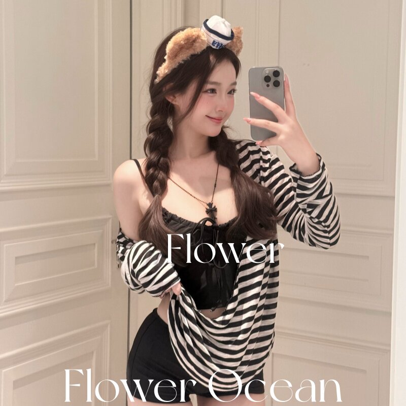 【韩女穿搭】黑白条纹长袖罩衫保守分体平角水上乐园海边沙滩泳衣