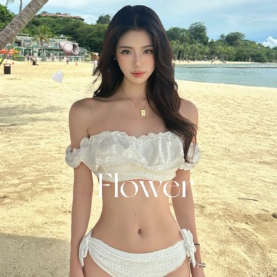 【恋人】韩系性感纯欲风白色抹胸bikini两件套温泉度假泳衣