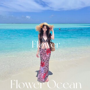 挂脖豹纹性感bikini三件套分体沙滩度假长裙泳衣 新款 小野猫