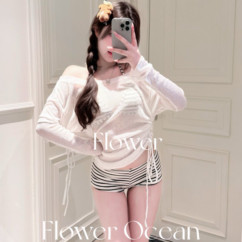 【淡人必入】韩系慵懒感条纹bikini分体罩衫水上乐园海边度假泳衣