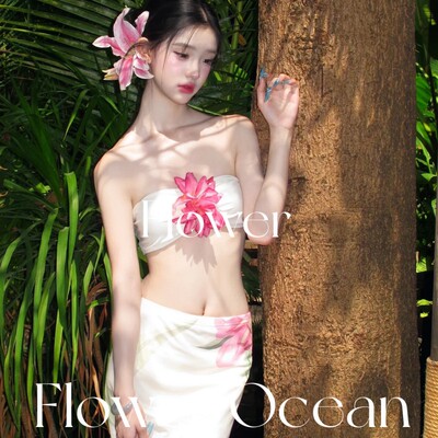 【我见尤怜】纯欲甜美度假风分体bikini三件套温泉沙滩长裙泳衣