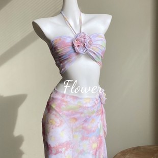 粉色新款 比基尼三件套BIKINI大長(zhǎng)裙沙灘海邊度假泳衣 秘境花園
