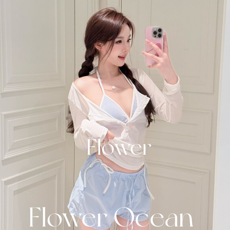【海盐少女】蓝色条纹bikini四件套性感小胸显瘦海边沙滩度假泳衣