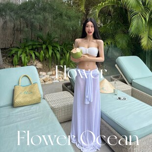 白色纯欲抹胸bikini三件套分体海边度假长裙泳衣 完美女友