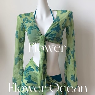 显白绿色比基尼四件套性感bikini海边度假泳衣 雀之灵