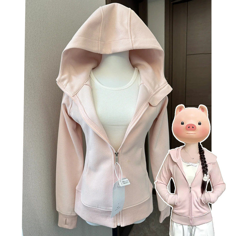 粉色修身外套女款春季2026新款连帽正肩卫衣早春韩系穿搭收腰上衣