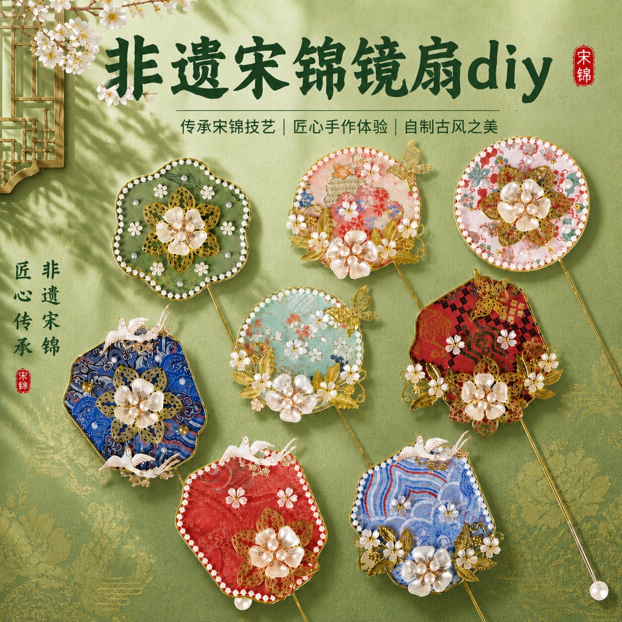 宋锦珍珠团扇镜子手工diy材料包中国非遗自制礼物半成品团建活动
