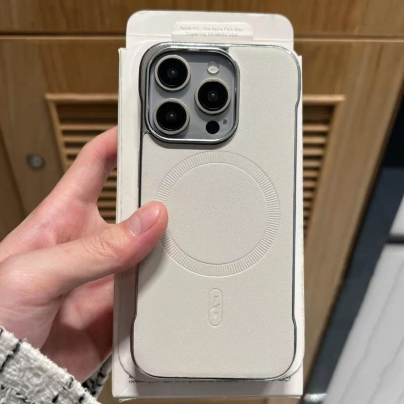 Magsafe磁吸适用苹果16promax无边框素皮手机壳iPhone15轻奢高级感超薄14pro电镀防摔保护套ip13半包皮质外壳