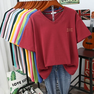 胖mm宽松港风短袖 V领上衣潮ins夏季 T恤女 设计感小众纯棉半袖 大码