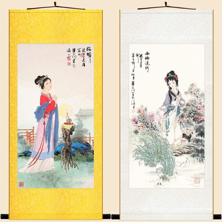 貂蝉拜月西施浣纱图 古代四大美女美人画像 卷轴挂画装饰画绢布画