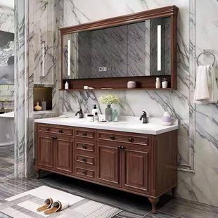 大户型岩板美式 双人盆浴室柜组合实木橡木洗手洗脸盆卫生间洗漱台