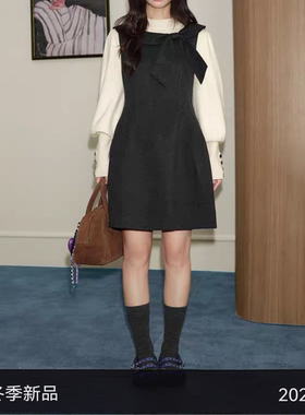 阔色法式收腰连衣裙内搭针织衫两件套女25秋冬新款深灰蝴蝶结长裙