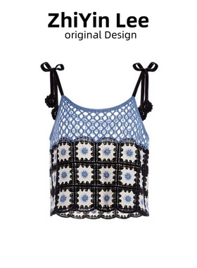ZhiYin蓝色钩花吊带女2024春夏新款百搭复古针织背心上衣外搭马甲