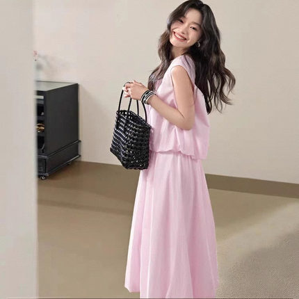 阔色粉色花苞两件套装无袖背心吊带2025年夏季新款女上衣半身裙子