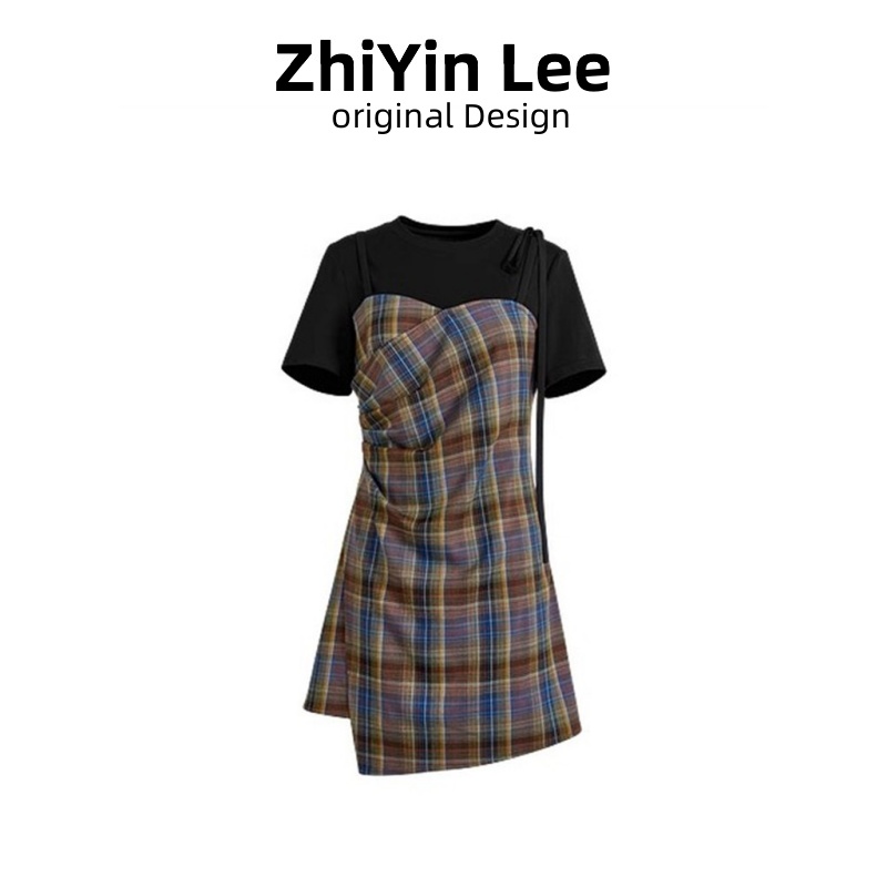 收腰假两件拼接格子连衣裙