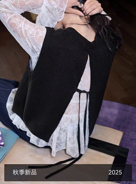 黑色针织马甲背心无袖女2025秋季新款外搭叠穿开叉毛衣上衣秋