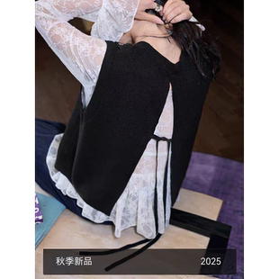 黑色针织马甲背心无袖女2025秋季新款外搭叠穿开叉毛衣上衣秋