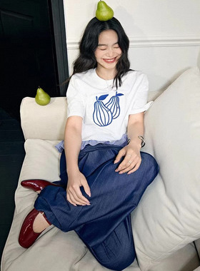 梨子刺绣拼接条纹荷叶边上衣女2025春夏季新款白色半袖上衣