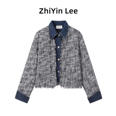 小香风牛仔拼接短外套女秋冬