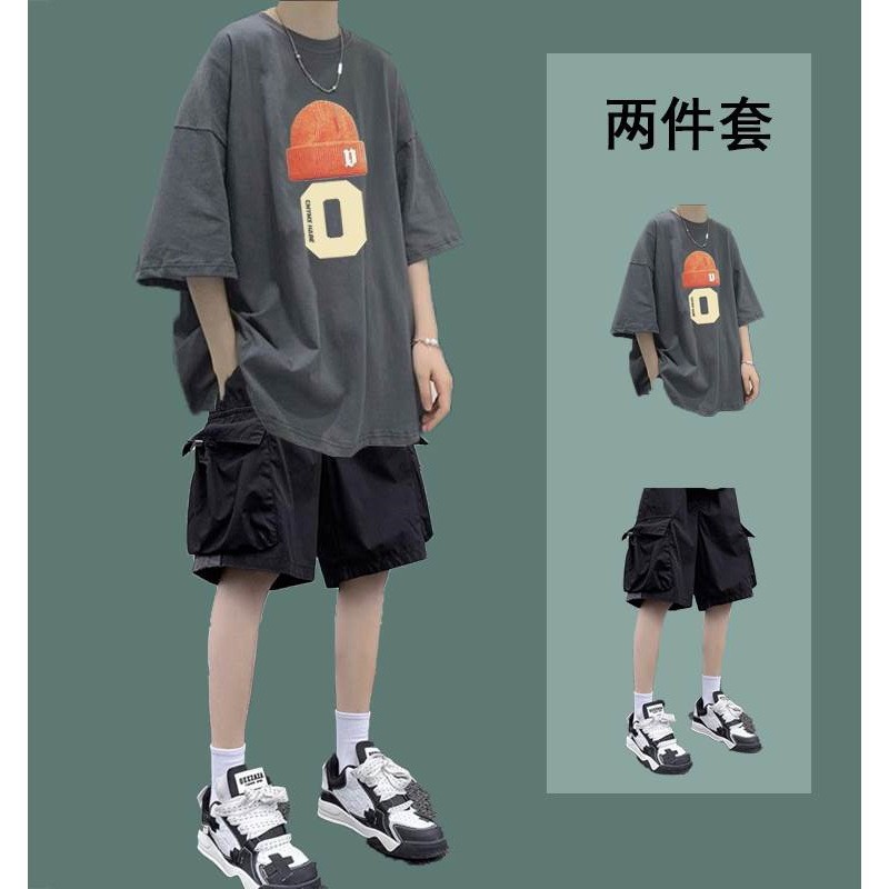 夏季短袖T恤休闲套装男生帅气搭配工装短裤ins潮牌穿搭两件套男装