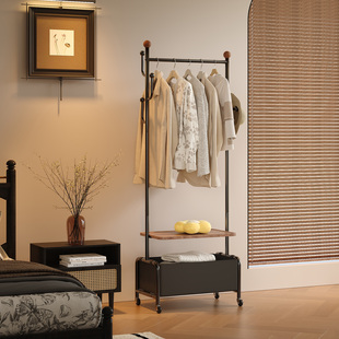 中古风卧室可移动衣帽架多功能铁艺收纳置物架家用客厅落地挂衣架