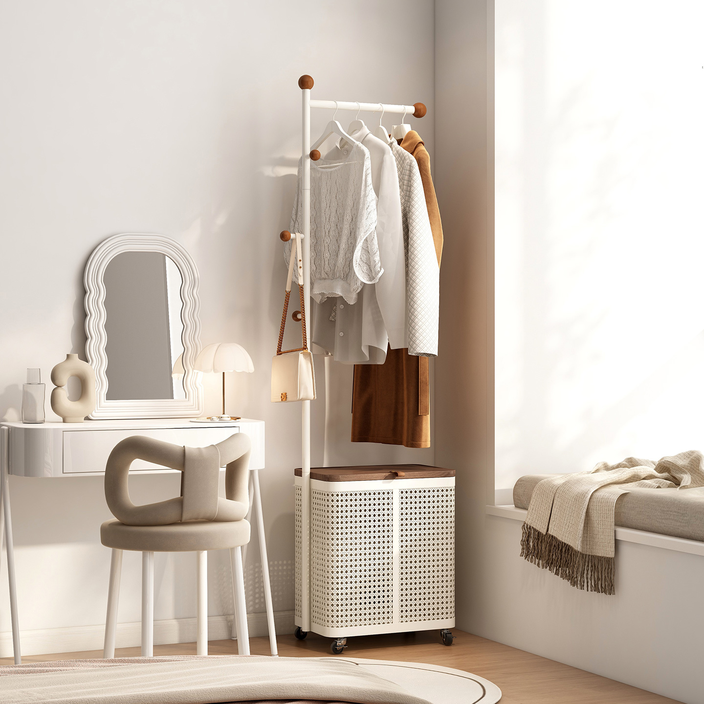 速立普家用奶油风铁艺落地衣帽架