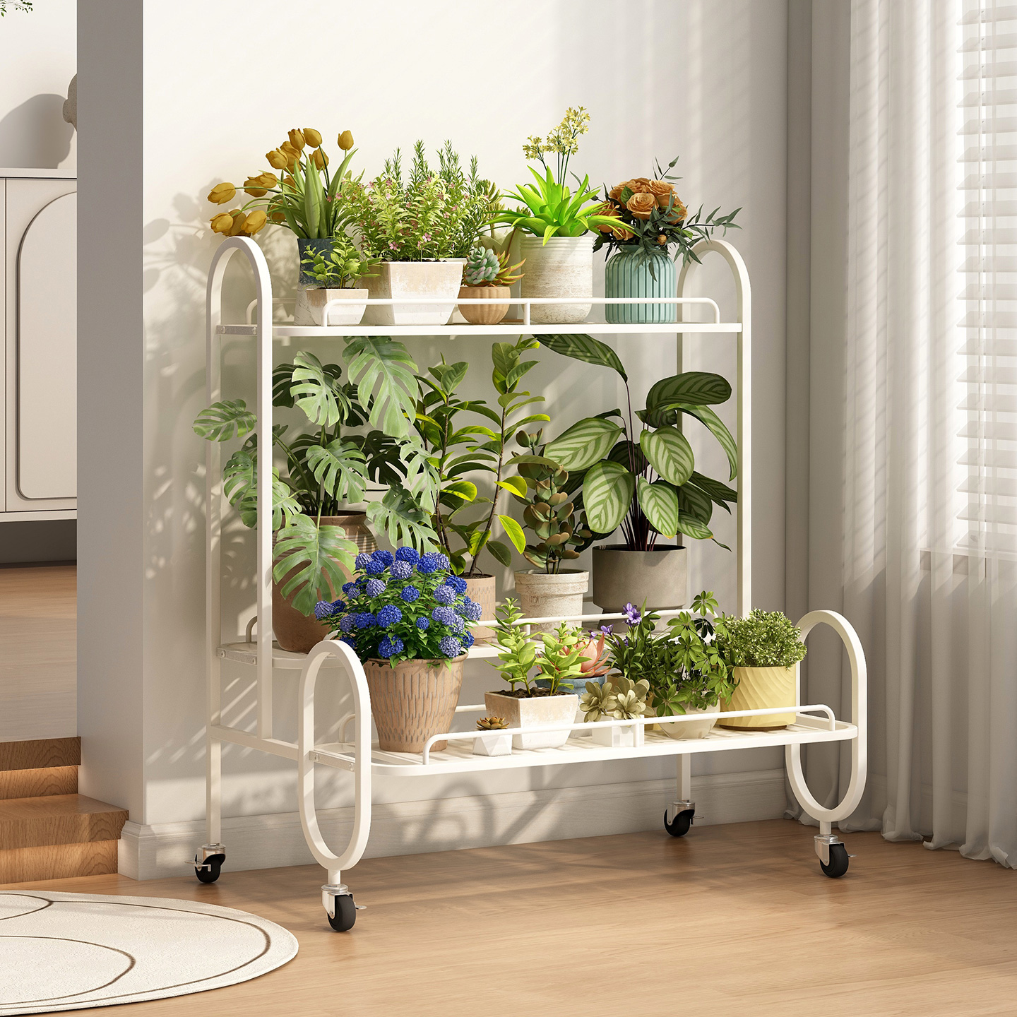 速立普奶油风可移动阳台阶梯花架