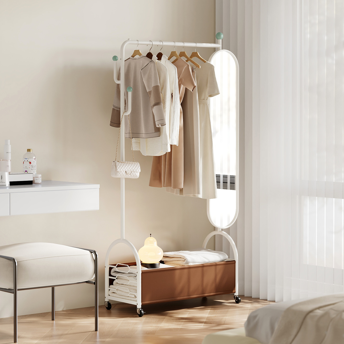 速立普奶油风穿衣镜衣帽架一体