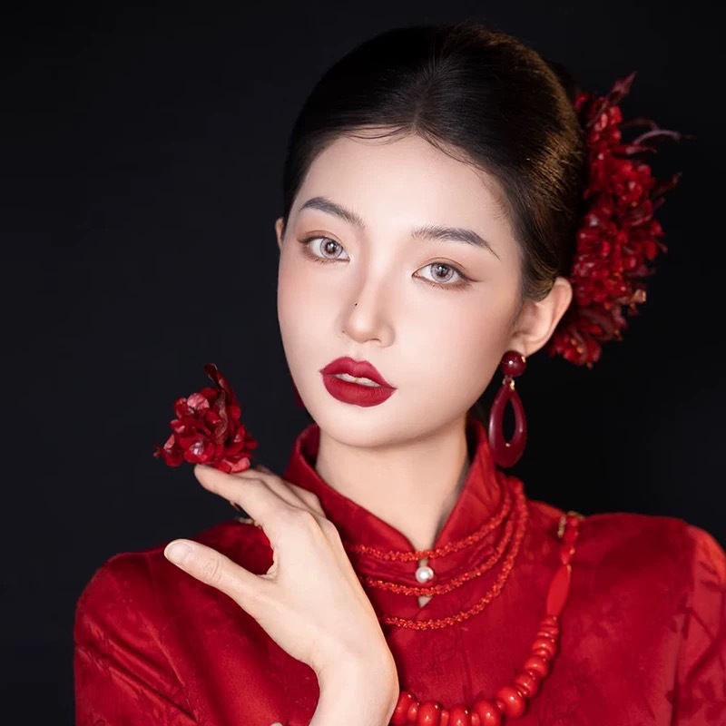 古风发簪新娘盘发头饰酒红仿真花朵旗袍汉服头花发钗配饰品女发饰
